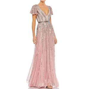 NEW Mac Duggal Flutter Sleeve
Embellished Plunge Neck A
Line Gown Size 16 Pink